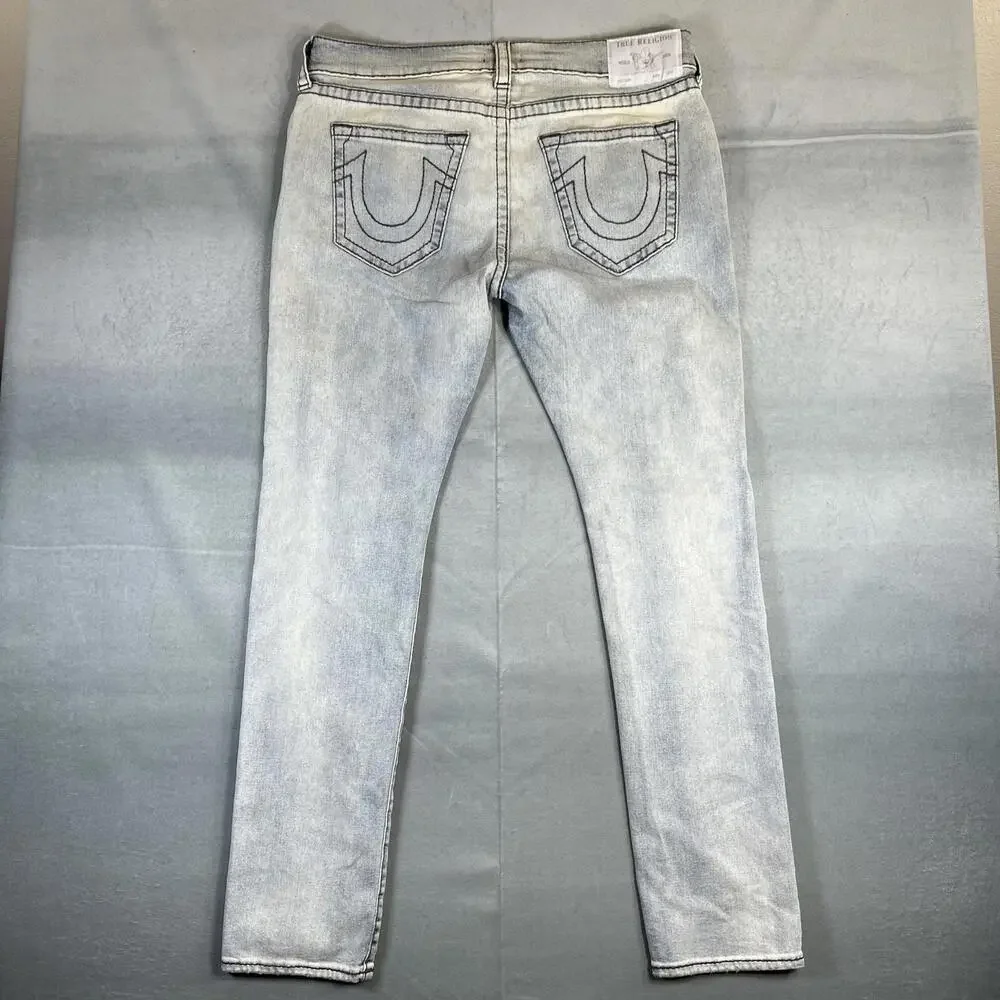 True Religion Rocco Jeans Mens 36 Blue Acid Wash Relaxed Skinny Distressed Rip